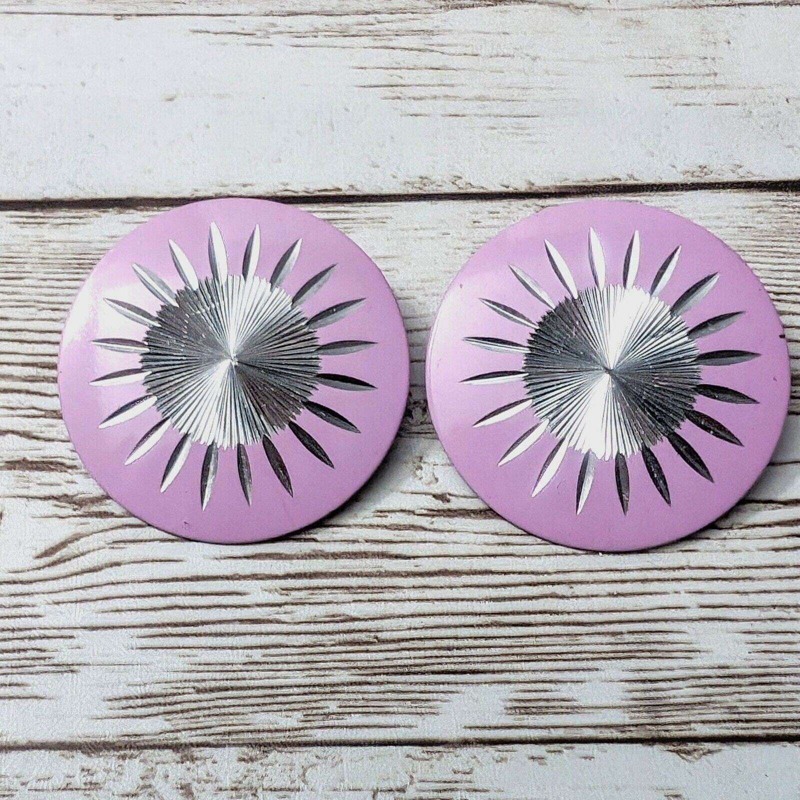 Vintage Clip On Earrings - 1 &amp; 3/8&quot; Purple Circle with Silver Tone Design - £10.50 GBP