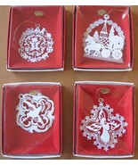 4 Christmas Tree Ornaments White Enameled Brass Hanging Snowflake Angel - $19.93