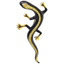 Vintage Extra Long Salamander Brooch Black Enamel Clear Rhinestones 4&quot; Long - £11.39 GBP