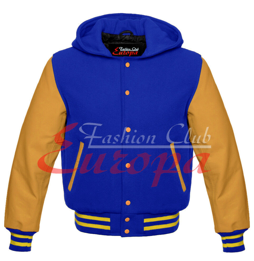 NEW  Royal Blue Hoodie Varsity Letterman Wool Jacket with Real Leather Sleeves
