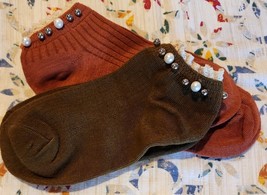 Two (2) Pair ~ Orange ~ Brown ~ Handcrafted ~ Embellished w/Pearls ~ Ankle Socks - £12.02 GBP