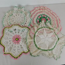 Crocheted Doily Round Pink White Green Yellow Ruffled Set of 4 Handmade ... - $24.19