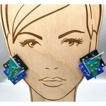 Bold Vintage Blue and Green Earrings, Fun Statement Geometric Clip Ons - £22.42 GBP