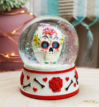 Ebros Day of The Dead Sugar Skull Red Roses Hearts Small Glitter Water Globe - $21.99