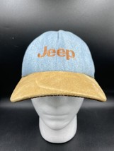 Vtg JEEP Hat Suede Leather Bill Snapback cap denim Tan 90&#39;s made in USA Mopar - £13.14 GBP