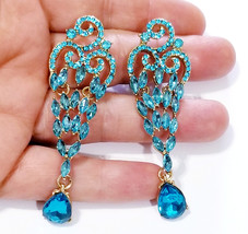 Aqua Bridal Chandelier Earrings, Prom Rhinestone Crystal Drop Earrings, Statemen - £27.00 GBP