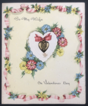 Vintage Forget Me Not For My Wife Valentine w/ Metal Pendant Heart Greeting Card - £11.18 GBP