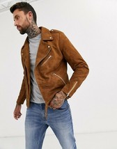 Men Brown Leather Jacket Pure Suede Biker Motorcycle Size XS S M L XL XXL 3XL - £110.99 GBP