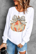 Beige Polka Dot Bow Knot Pumpkin Print Thanksgiving Sweatshirt - $20.25