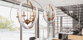 Jonathan Adler Look Mid Century Modern Glam Matte White &amp; Gold Circle Chandelier - £454.03 GBP+