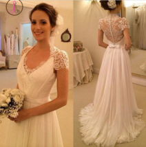 Elegant Short Sleeves Sheer Mermaid Lace Bridal Gowns Vintage Wedding Dress - £141.14 GBP