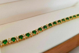 12Ct Round Cut Simulated Green Emerald Tennis Bracelet 14K Yellow Gold Plated - £270.62 GBP