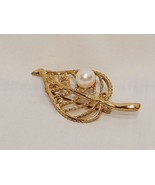 Open Leaf Faux Pearl Metal Brooch Pin Gold Tone  2&quot; - £12.16 GBP