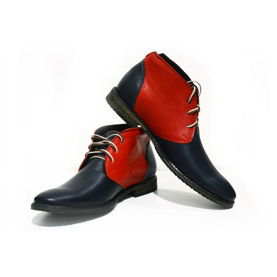Two Tone Red Black Chukka High Ankle Handmade Real Leather Lace Up Boots US 7-16