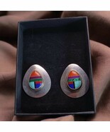 Vintage Navajo coral turquoise malachite mosaic sterling silver earrings - $109.41 CAD