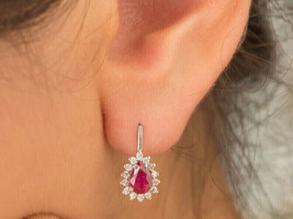 2.50Ct Pear Cut CZ Ruby Halo Drop/Dangle Earrings 14K White Gold Plated-Silver - £95.89 GBP