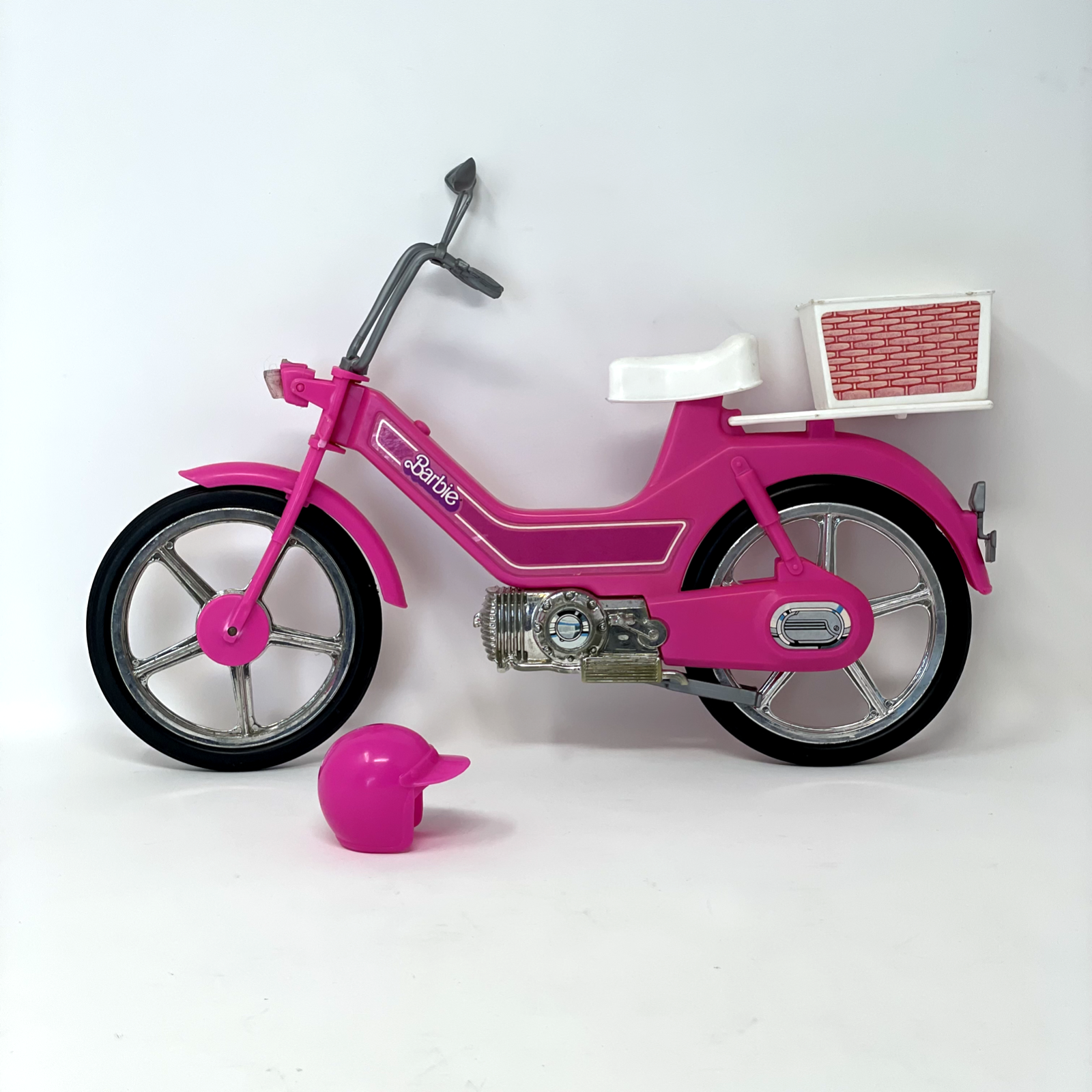 Vintage Mattel Barbie 1980s Pink Motor Bike with Basket on Back and Pink Helmet - £10.21 GBP
