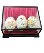 Hand-Painted Decorative Eggs In Glass Display Case With Pink Velvet Back... - $357.78 MXN