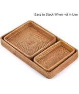 Brown Rattan Serving Tray, Set of 3 Rectangle Handwoven, Wicker Storage Baskets - £21.40 GBP