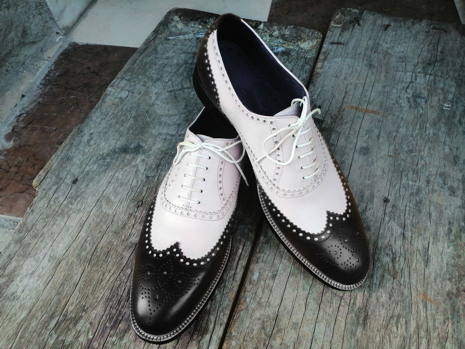 Black White Oxford Shoes Two Tone Premium Quality Leather Brogue Toe Handmade