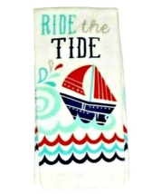 Ride the Tide Kitchen Towel Sailing Ship Nautical Cotton Blue Red Teal W... - $9.47