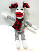 Galerie Plush Stuffed Sitting Sock Monkey with Red Black Plaid Scarf Ant... - £7.69 GBP