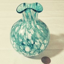 Studio Art Glass Bulbous Vase Teal Turquoise Blue White Aventurine Ruffl... - $25.95