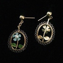 Vintage 60s gold filigree with blue enamel daisy & pearl post dangle earrings image 3
