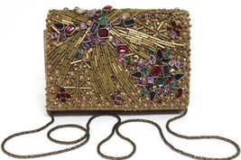 New Marchesa Sm Phoebe Gold Leather Embroidery Sequin Clutch Bag - £777.45 GBP