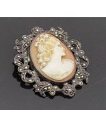 EUROPE 925 Silver - Vintage Cameo Halo Swirly Marcasite Brooch Pin - BP1... - $82.53