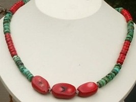 Necklace made with Bamboo Coral Rondelles, Turquoise Heishi &amp; three puff... - $50.00
