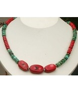 Necklace made with Bamboo Coral Rondelles, Turquoise Heishi &amp; three puff... - $50.00
