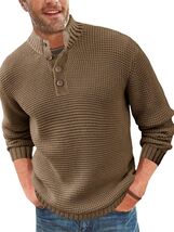 Mens Waffle Knit Pullover Sweater Quarter Button Stand Collar Brown Size XL - $378.53 MXN