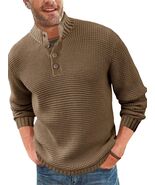 Mens Waffle Knit Pullover Sweater Quarter Button Stand Collar Brown Size XL - €17,66 EUR