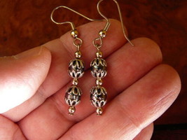(EE-338) Black hematite two bead filigree silver wire dangle pair of EARRINGS - £7.46 GBP