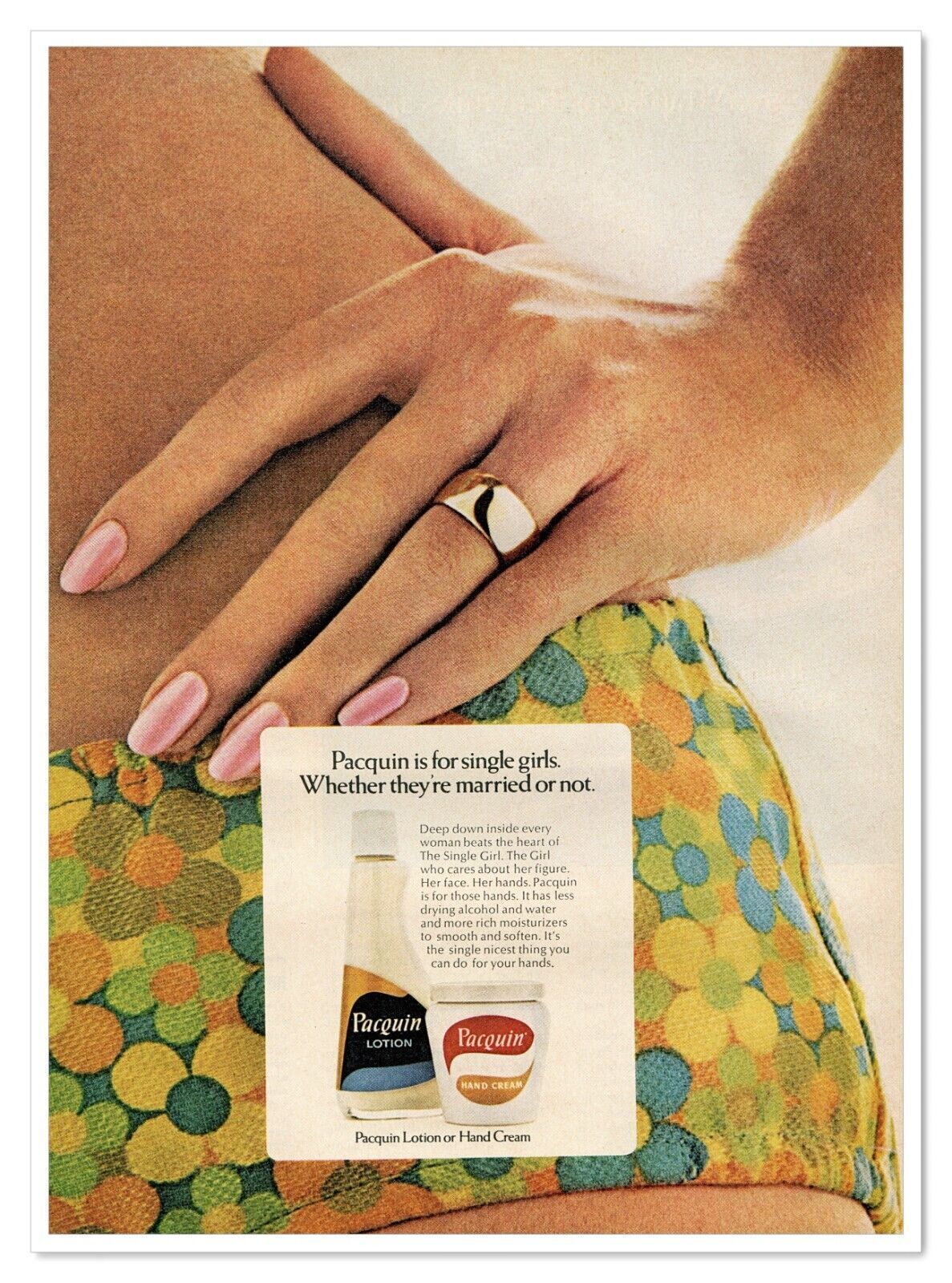 Primary image for Pacquin Lotion & Hand Cream For Single Girls Vintage 1968 Full-Page Magazine Ad