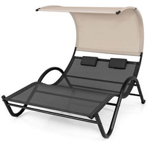 Outdoor Double Chaise Lounge Chair with Sunshade Canopy and Headrest Pillows-Bla - $6,398.21 MXN