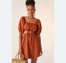 Faithfull the Brand Almero Dress 12 Brown Linen Cut Out Cottage Core Coa... - $30.46