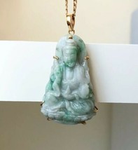 18K Yellow Gold Lady Buddha Quan/Kwan Yin Jade Pendant Light Green White - ES1 - £590.18 GBP