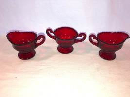 2 Ruby Glass Miniature Creamers And 1 Ruby  Glass Miniature Sugar Bowl Mint - $24.99
