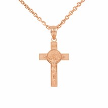 10K Solid Rose Gold Small Saint St. Benedict Crucifix Cross Pendant Necklace - £105.17 GBP+