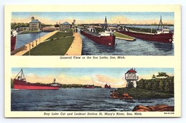 Postcard General View of Soo Locks, Hay Lake Cut,  Sault Ste. Marie Michigan MI - £2.80 GBP