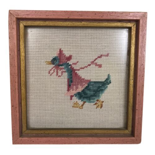 Primary image for Vintage Needlepoint Embroidered Framed Duck Mother Goose Bonnet Cape 1970s