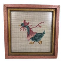 Vintage Needlepoint Embroidered Framed Duck Mother Goose Bonnet Cape 1970s - $19.79