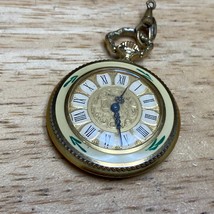 VTG Bucherer Swiss Gold Tone Enamel Art Hand-Wind Necklace Pendant Pocket Watch - £94.27 GBP