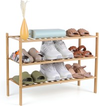 Rongjia 3-Tier Natural Bamboo Shoe Rack - Stackable Storage Shelf With - £26.36 GBP