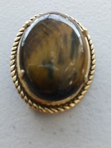 Gold Tone Oval Tigers Eye Pin Brooch 1.25” Twisted Rope Design Frame - £21.85 GBP