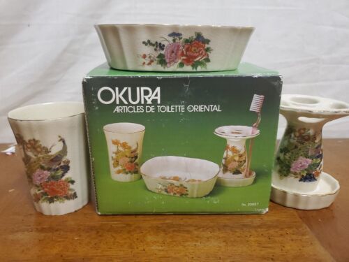 Okura Oriental Bath Set 3 Piece Peacocks Florals Ceramic 1983 Open Box V... - $13.06