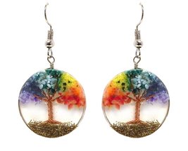 Tree of Life Crushed Chip Stone Inlay Copper Wire Round Clear Acrylic Dangle Ear - £11.64 GBP
