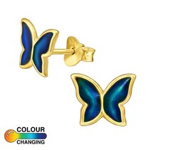 14ct Yellow Gold Silver Vermeil Blue Opal Simulant Butterfly Earrings Hallmarked - £10.99 GBP